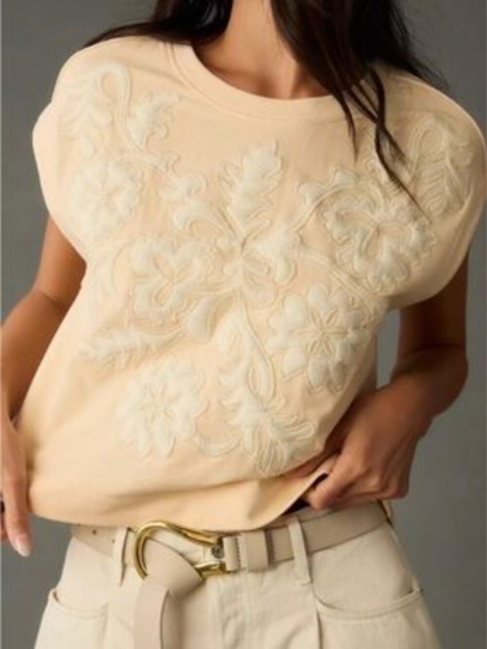 Anthropologie Floral Applique Terrycloth Muscle Tee in Baby Pink Size XS NWOT